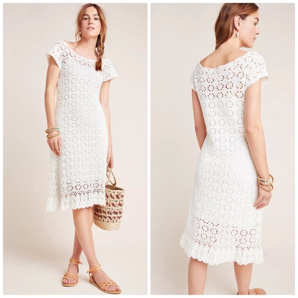 Anthropologie Brittania White‎ Crochet Midi Dress Midi Size Medium